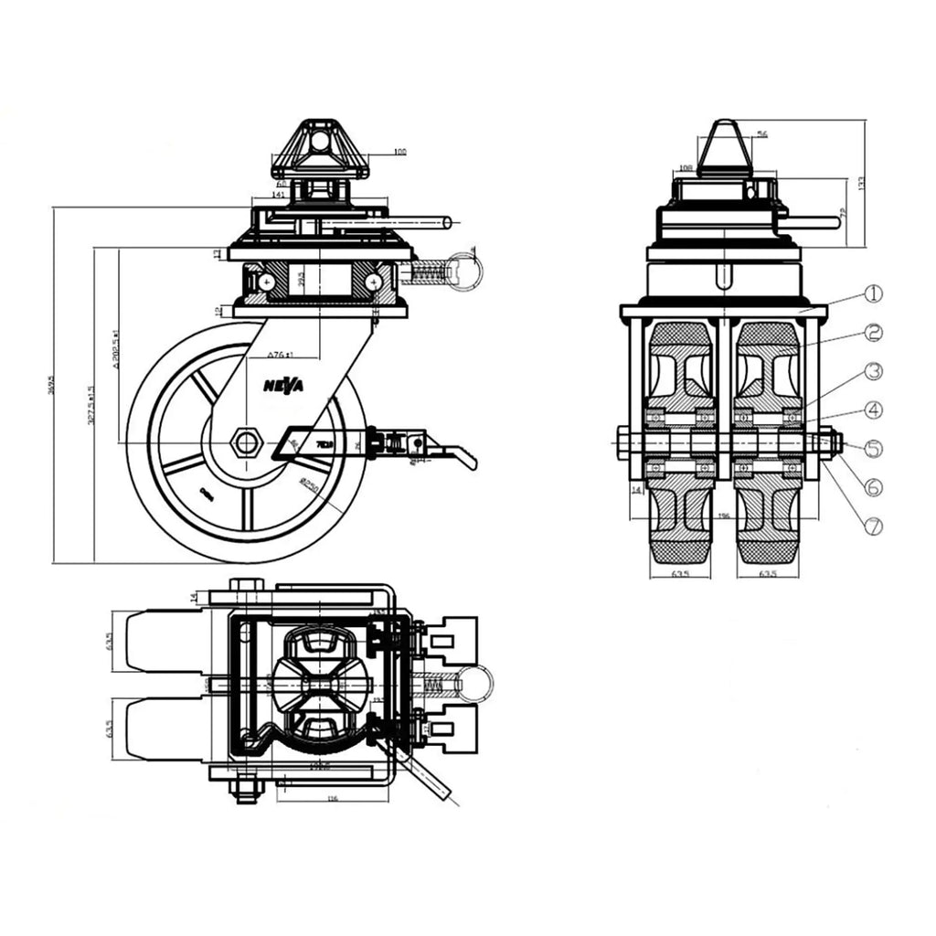 Lenkrollen für Container-Räder, Ø 252 mm – 4er-Set